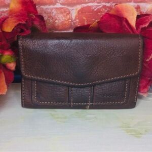 Vintage Fossil Genuine Leather Dark Brown Trifold Organizer Wallet